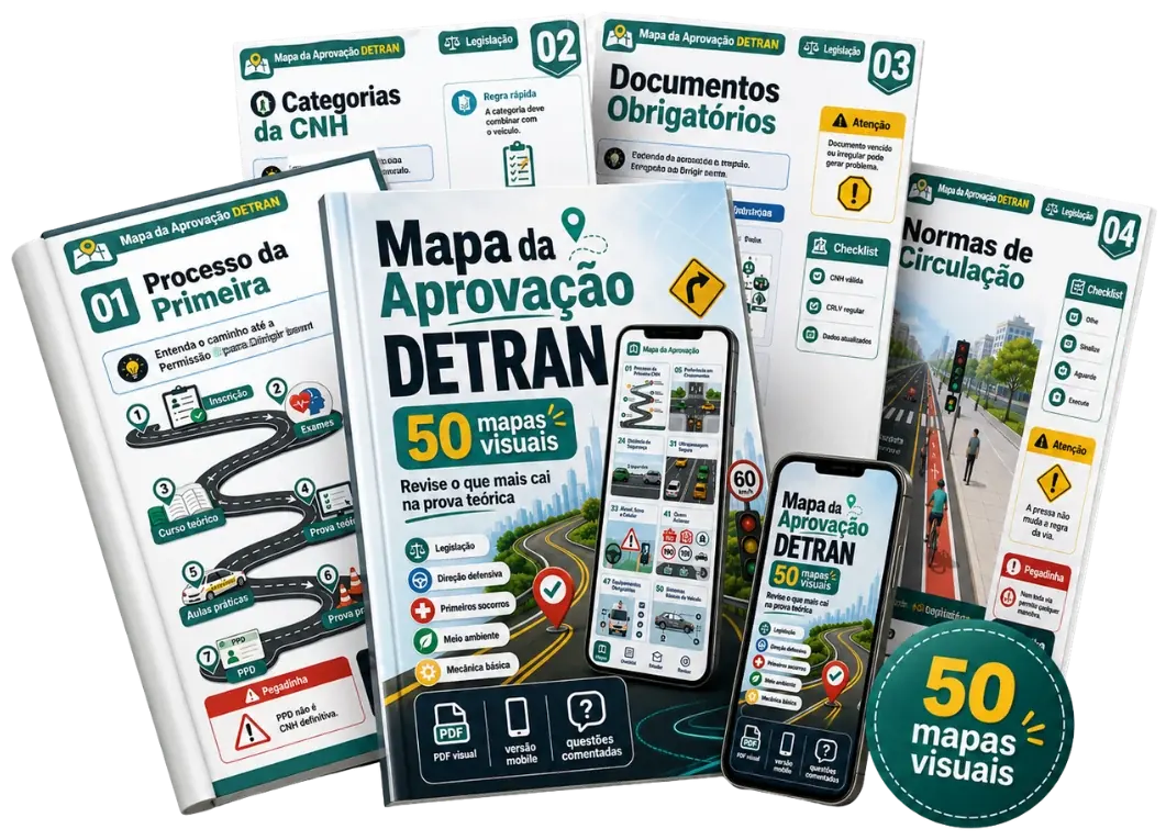 Mapa da Aprovação DETRAN: capa do produto, mapas visuais em leque e celulares com a versão mobile