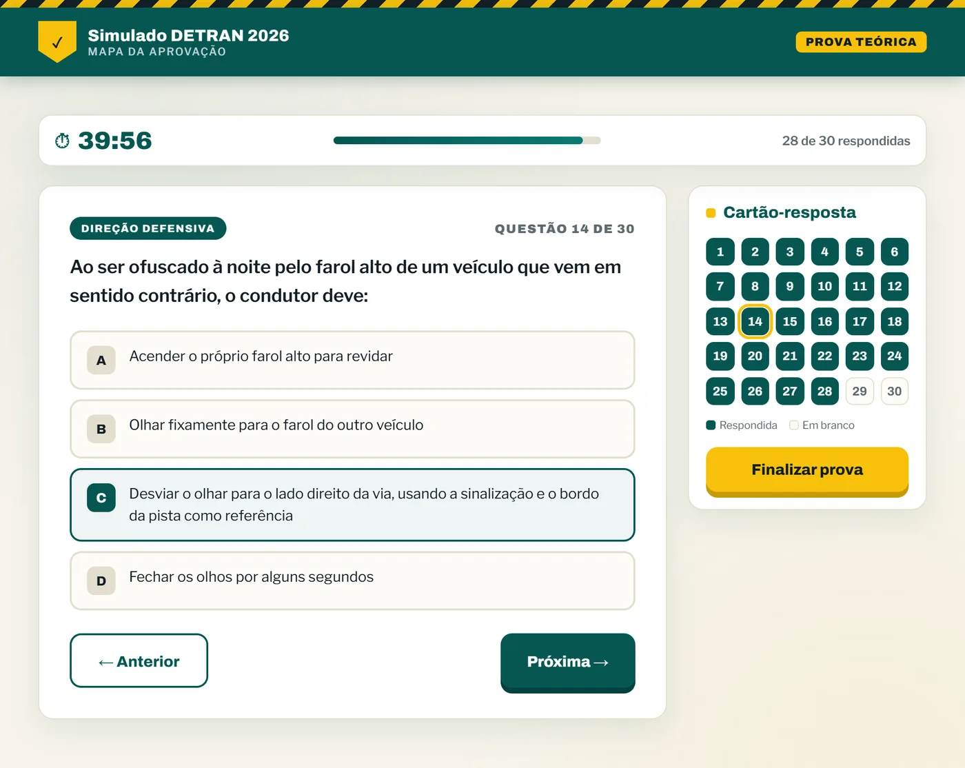 Tela real do Simulado DETRAN 2026 no modo prova: questão 14 de 30, cronômetro e cartão-resposta